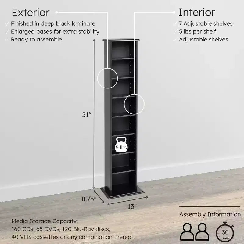 Tour de Rangement Multimédia Slim Noir : Meuble TV Moderne avec Étagères Réglables, Contient 160 CD, 65 DVD