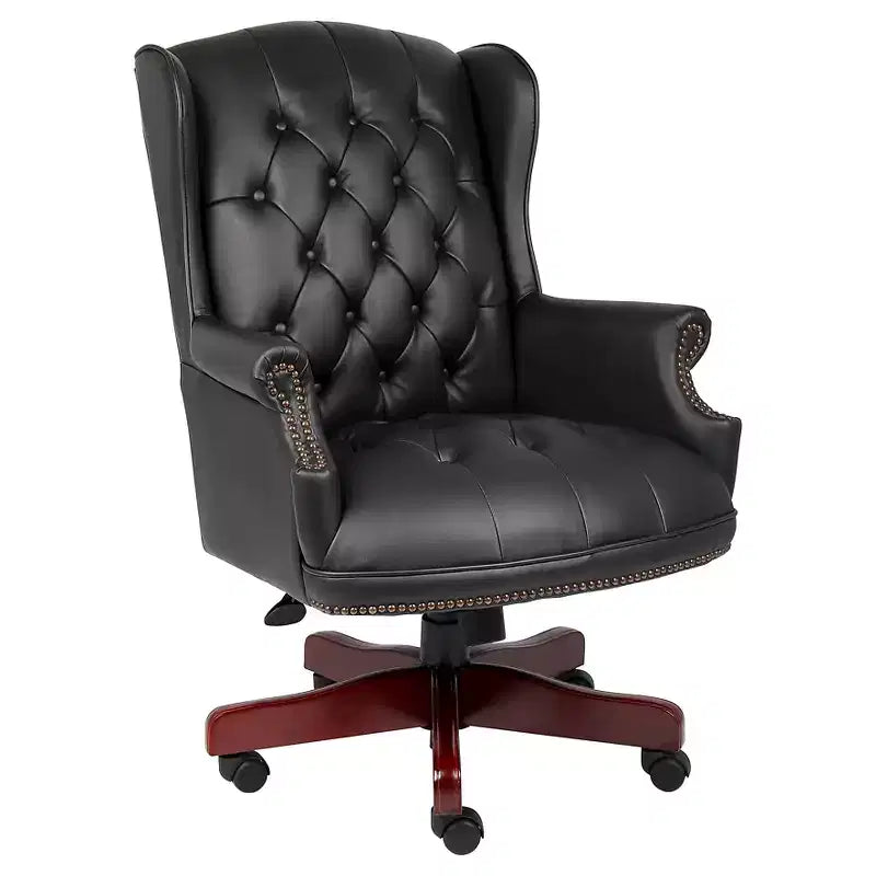 Wingback Traditional Chair Black - Boss Office Products: Elegant Mahogany, Tufted, Pneumatic Lift