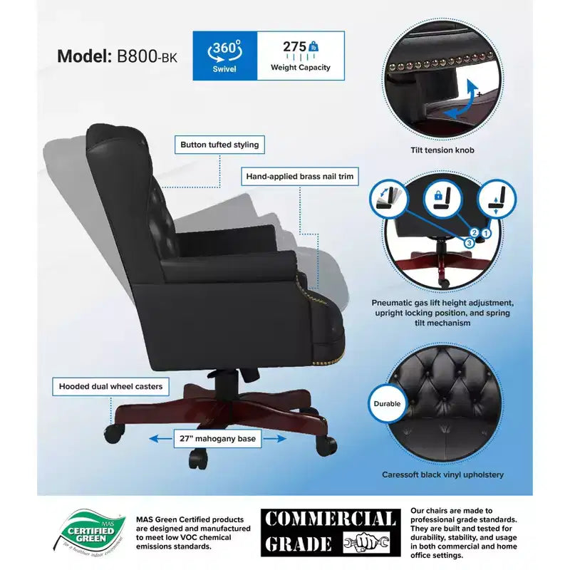Fauteuil traditionnel à dossier haut Noir : Acajou élégant, capitonné, vérin pneumatique