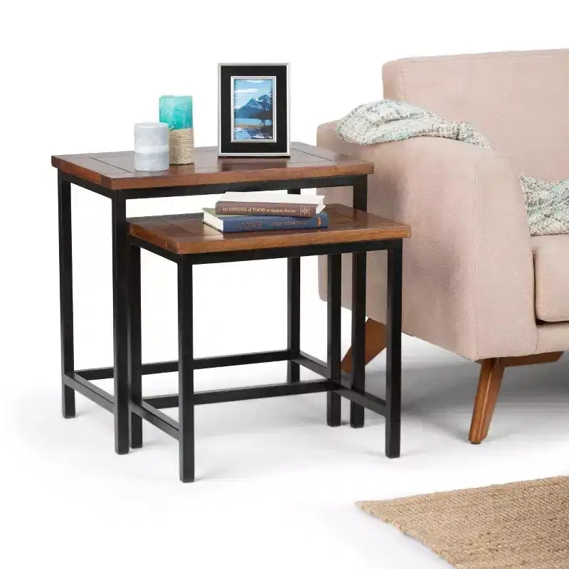 25" Table d'appoint gigogne Rhonda en manguier massif, brun cognac foncé (2 pièces)