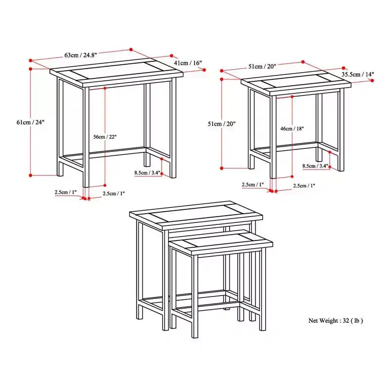25" Table d'appoint gigogne Rhonda en manguier massif, brun cognac foncé (2 pièces)