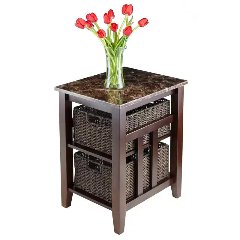 Table d'appoint Zoey avec plateau en faux marbre et paniers Noyer/Chocolat