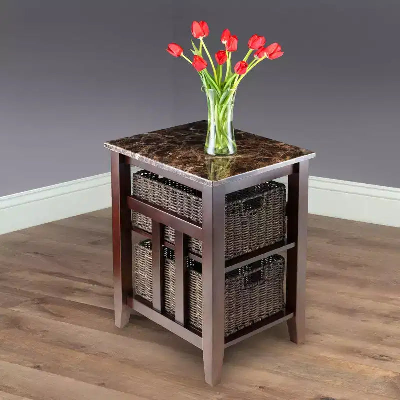 Table d'appoint Zoey avec plateau en faux marbre et paniers Noyer/Chocolat