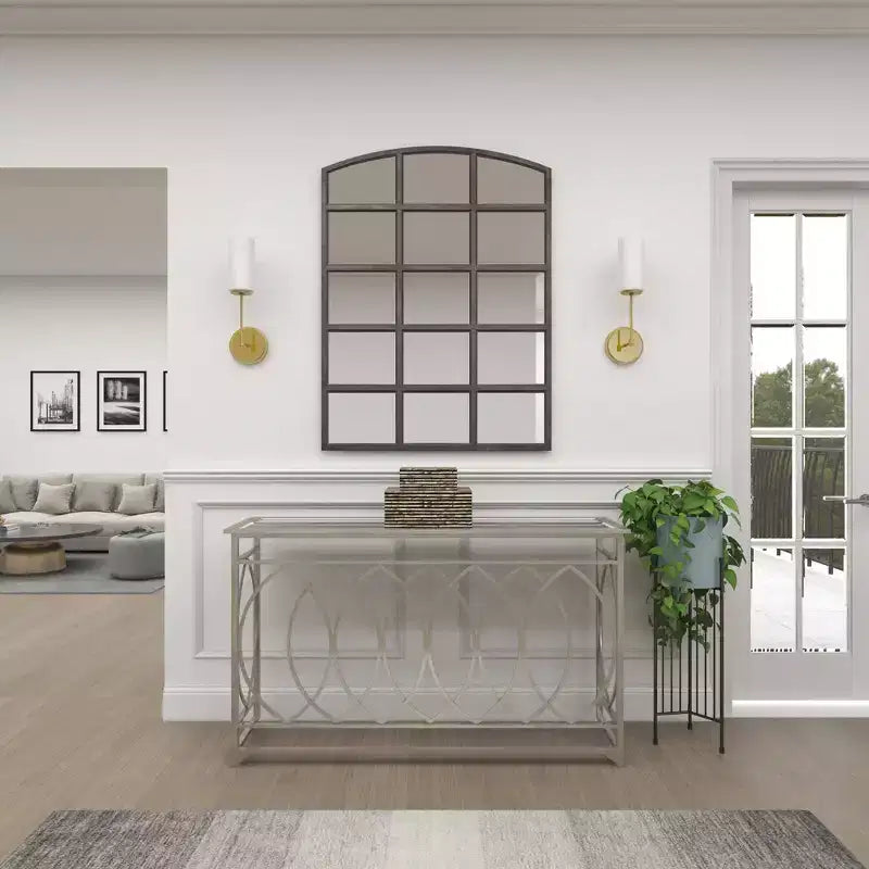 Console Métal et Miroir, Design Treillis, Façade et Côtés, Argent