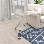Table ronde en métal blanche : style côtier, 61 cm de hauteur, plateau en verre, sans étagères