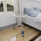 Table ronde en métal blanche : style côtier, 61 cm de hauteur, plateau en verre, sans étagères