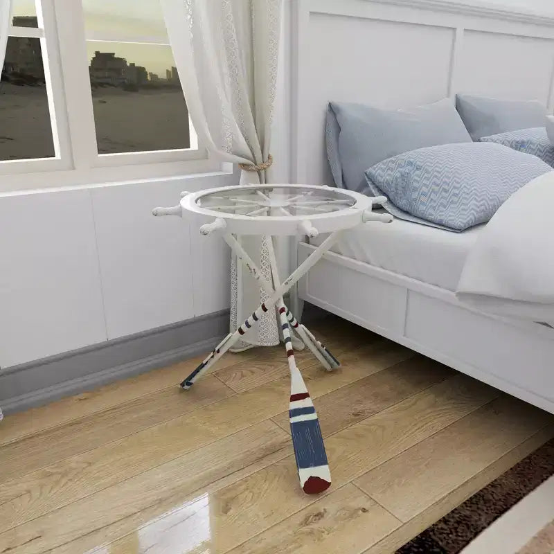 Table ronde en métal blanche : style côtier, 61 cm de hauteur, plateau en verre, sans étagères