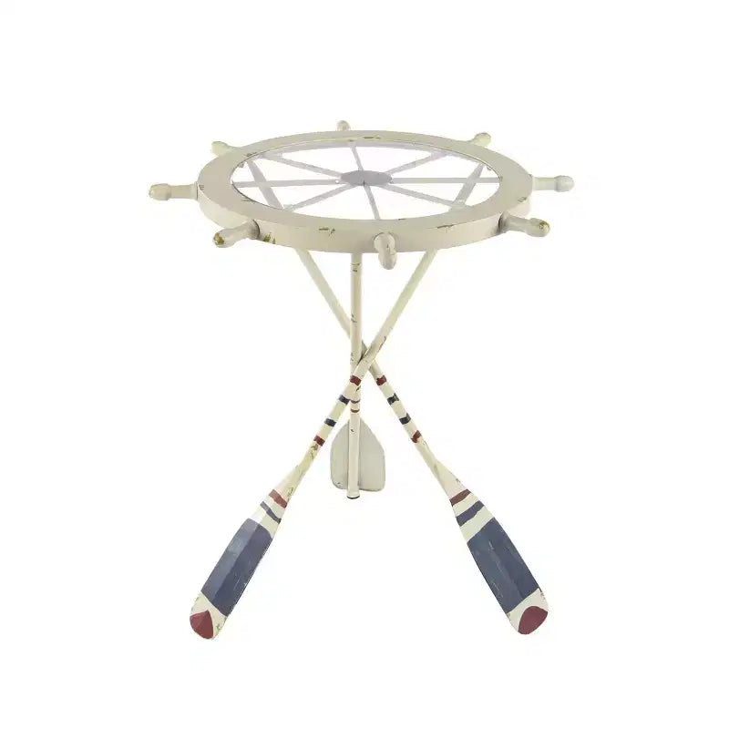 Table ronde en métal blanche : style côtier, 61 cm de hauteur, plateau en verre, sans étagères