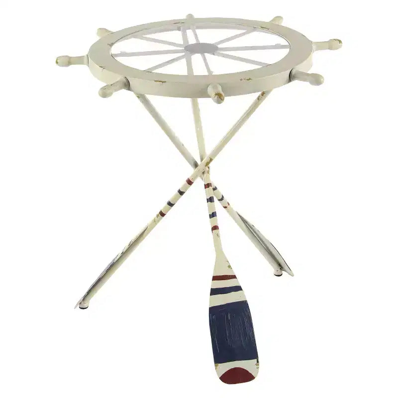 Table ronde en métal blanche : style côtier, 61 cm de hauteur, plateau en verre, sans étagères