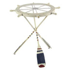 Table ronde en métal blanche : style côtier, 61 cm de hauteur, plateau en verre, sans étagères