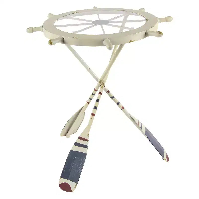 Table ronde en métal blanche : style côtier, 61 cm de hauteur, plateau en verre, sans étagères