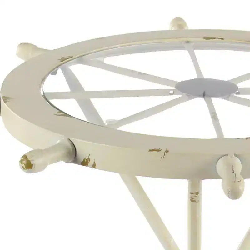Table ronde en métal blanche : style côtier, 61 cm de hauteur, plateau en verre, sans étagères
