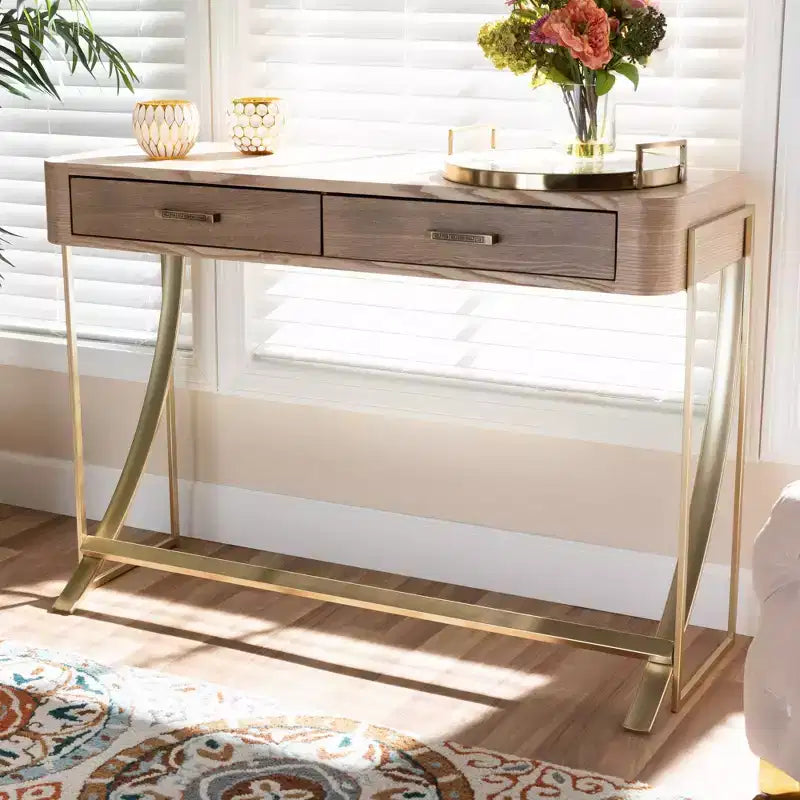 Console Lafoy en bois naturel et deux tiroirs finis, marron