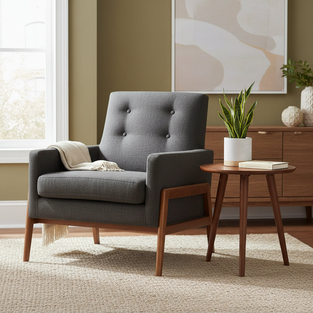 Perris Fabric Upholstered Walnut Wood Lounge Chair - Baxton Studio